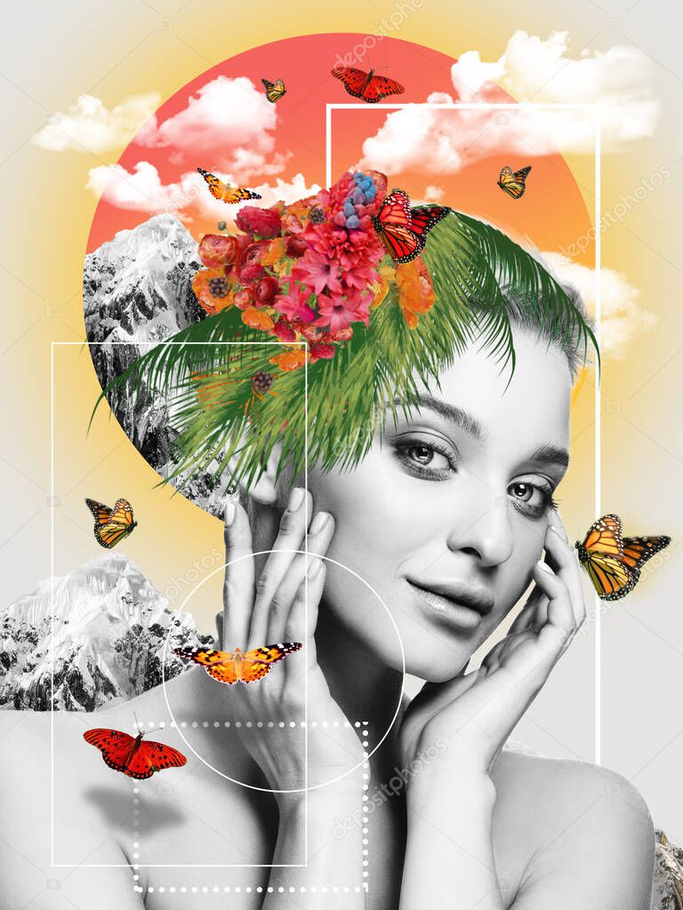 Portrait of beautiful young woman with modern floral design, inspiration artwork. Fashion, beauty concept.