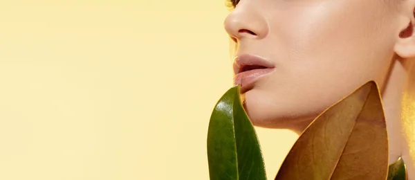 Detailní záběr krásné ženské tváře se zelenými listy na žlutém pozadí. Kosmetika a make-up, přírodní a ekologické ošetření, péče o pleť. Leták s kopírovacím prostorem. — Stock fotografie