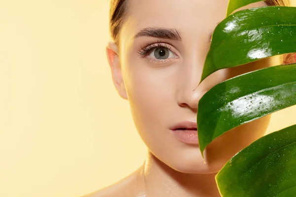 Kijk. Close-up van mooi vrouwelijk gezicht met groene bladeren over witte achtergrond. Cosmetica en make-up, natuurlijke en eco-behandeling, huidverzorging. — Stockfoto