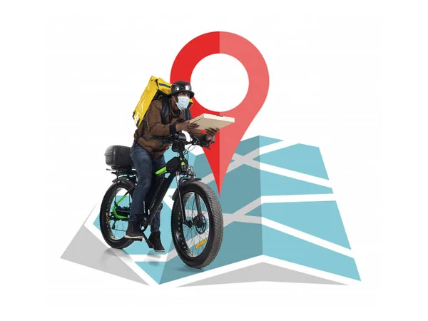 Dostawa do domu, zakup żywności przez Internet. Dostawca na rowerze dojeżdża pod dowolny adres na mapie z zamówieniem. — Zdjęcie stockowe