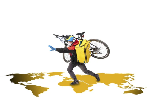 Παράδοση στο σπίτι, αγορά τροφίμων μέσω του Διαδικτύου. Deliveryman με ποδήλατο φθάνουν σε οποιαδήποτε διεύθυνση σε όλο τον κόσμο στο χάρτη με την παραγγελία σας. — Φωτογραφία Αρχείου