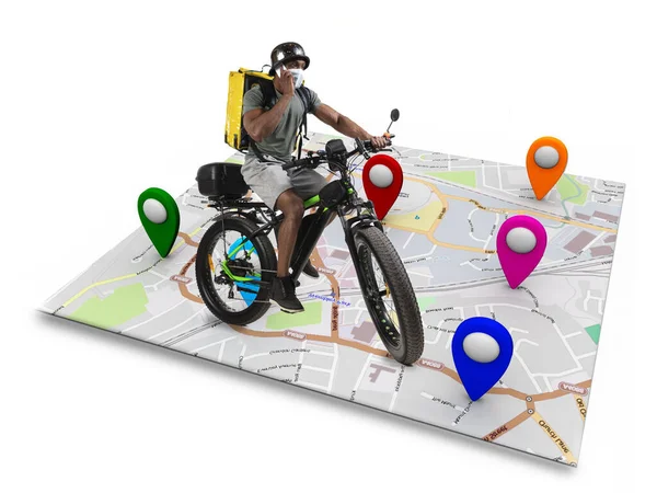 Home delivery, food purchase via the Internet. Deliveryman on bike arriving to any address worldwide on the map with your order.
