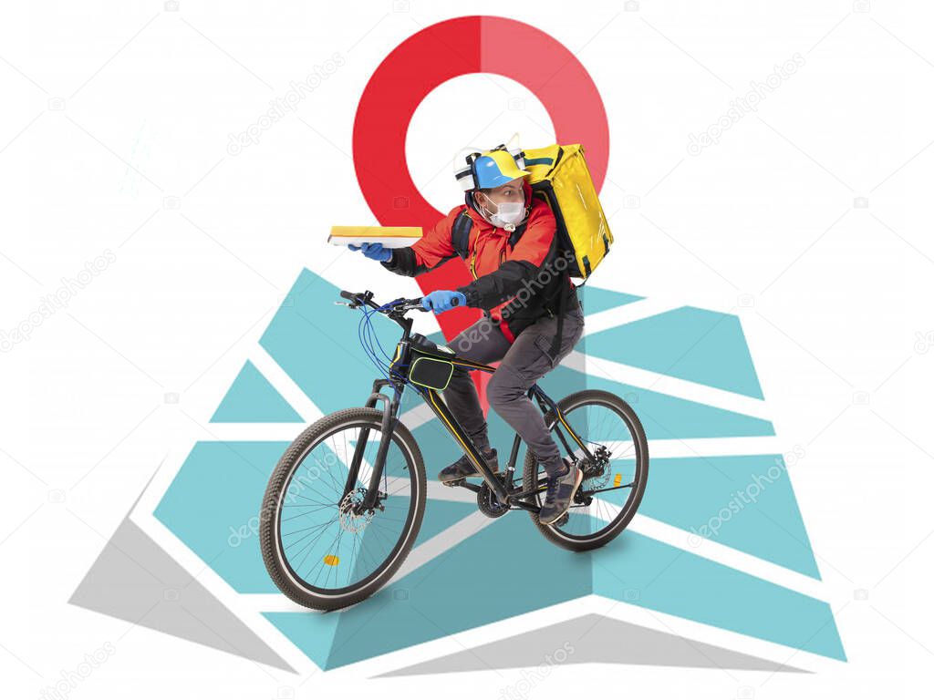 Home delivery, food purchase via the Internet. Deliveryman on bike arriving to any address worldwide on the map with your order.