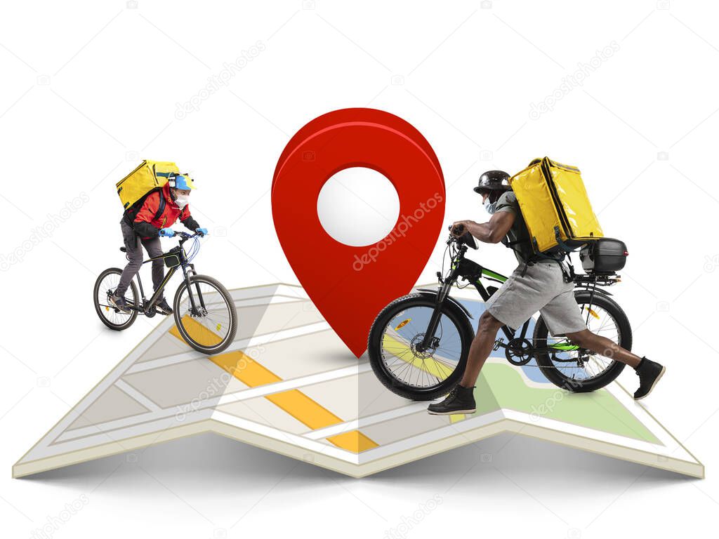 Home delivery, food purchase via the Internet. Deliverymen on bikes arriving to any address worldwide on the map with your order.