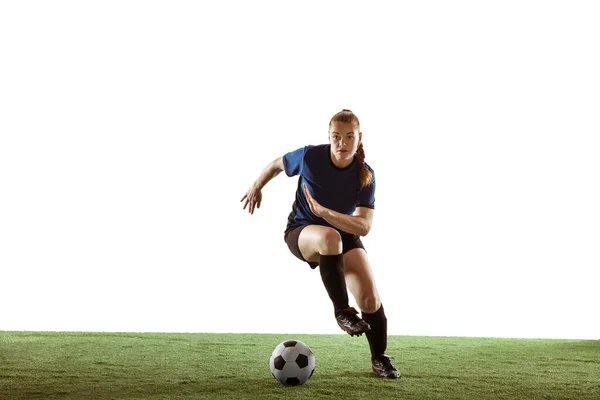 Calcio femminile, pallone da calcio calciatore, allenamento in azione e movimento con emozioni luminose isolate su sfondo bianco — Foto Stock