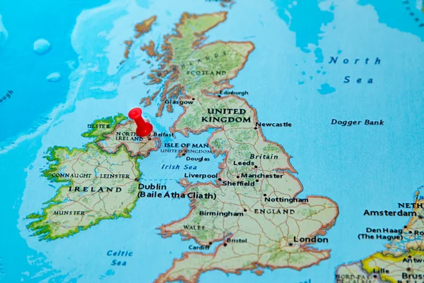Belfast, Northern Ireland, U.K.  pinned on a map of Europe