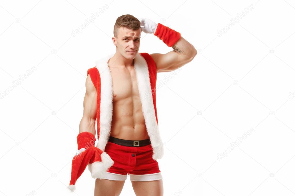 Confused fitness Santa Claus isolated on white background
