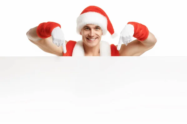 Fitness Santa Claus with a banner sales — Stock Photo, Image
