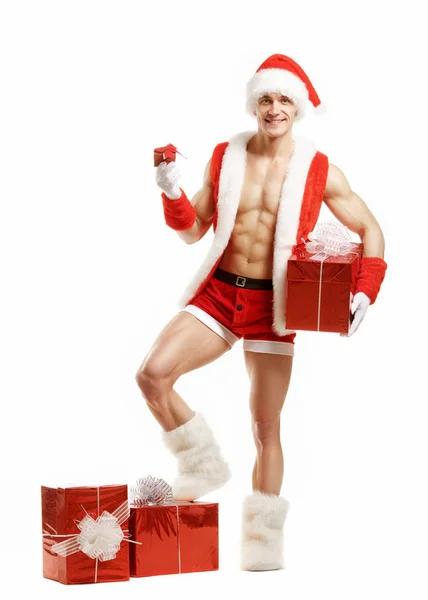 Sexy fitness Babbo Natale in possesso di una scatola rossa — Foto Stock