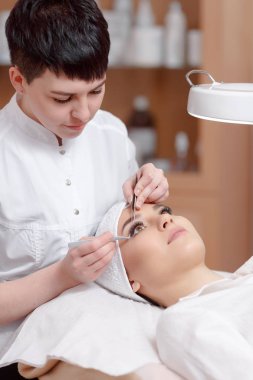 Professional stylist making eyelash extension for women clipart
