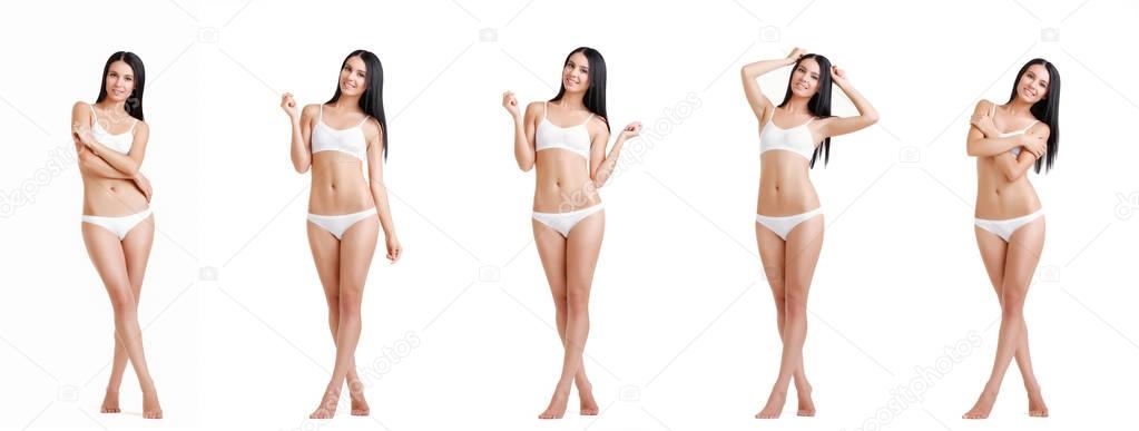 Collage of slim brunette in white lingerie posing at studio.