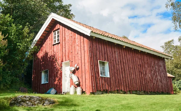 Antiguo granero rojo tradicional noruego, alrededor del bosque de abedules —  Fotos de Stock