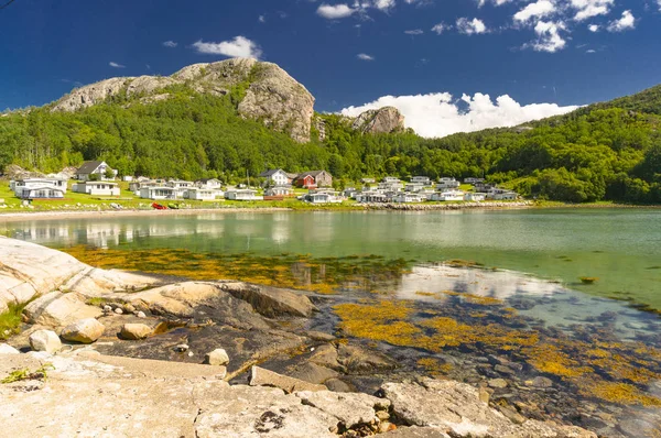 Norveç Fiyordu yaz aylarında. Norveç renkli defne, sahil