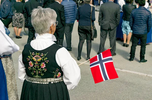 Vrouw in een Noorse klederdracht houdt een Noorse vlag — Stockfoto