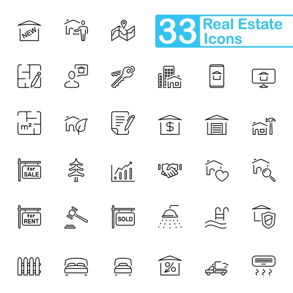 33 nemovitostí černé linie ikony Royalty Free Stock Ilustrace
