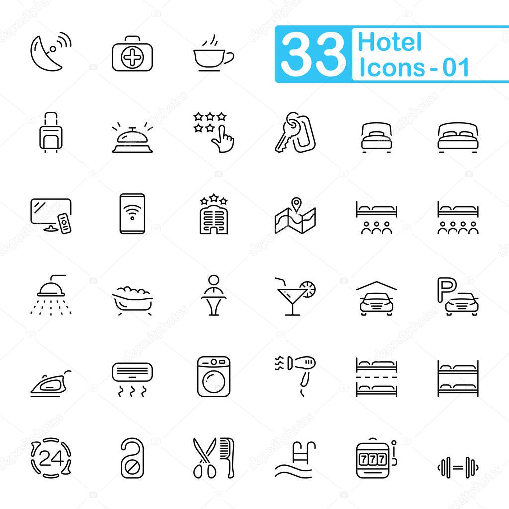 Hotel and hotel services outline icons