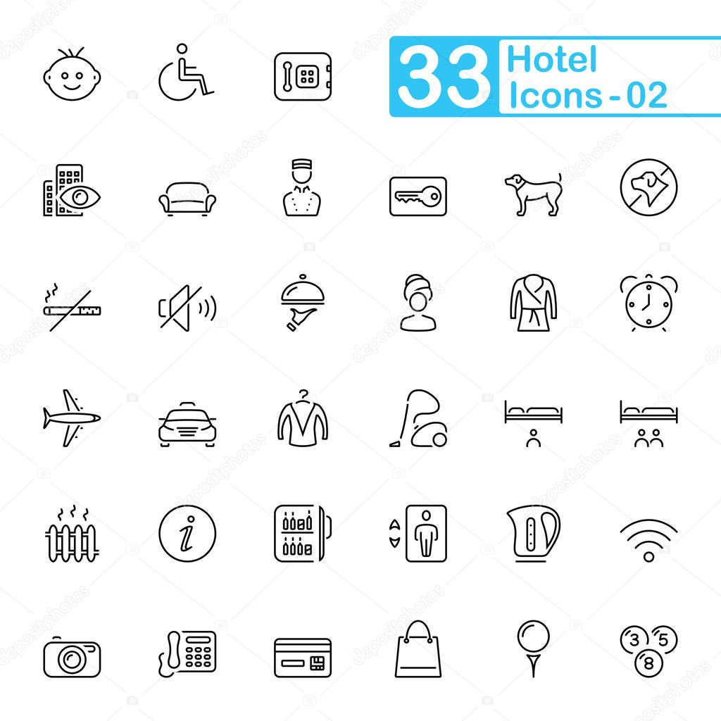 Hotel services and travel outline icons