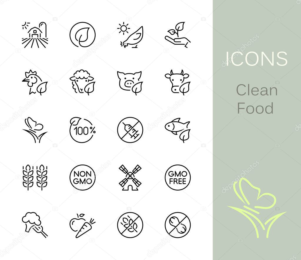 Clean Food outline icons. Set of 20 Clean Food outline icons, vector illustrations. Contains such as: chicken, farm, non-gmo, wheat, sheep and more.