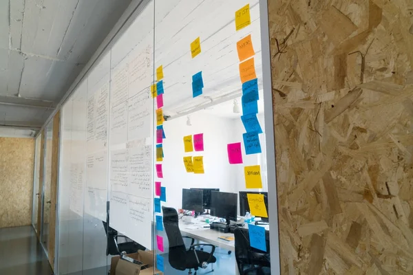 Mur de bureau avec des notes collantes colorées — Photo