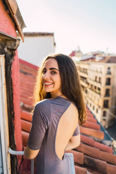 Charming model on balcony in morning — Stock Photo, Image