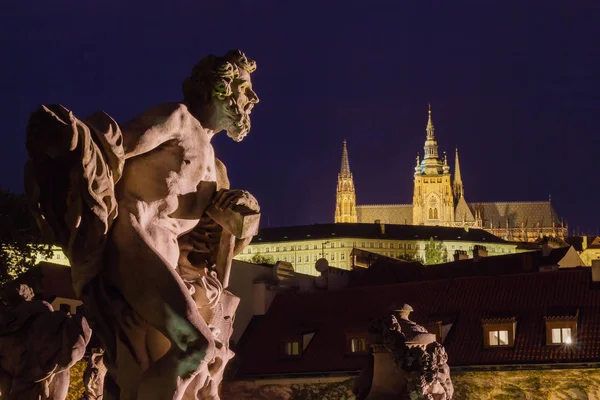 La statua di un uomo con un martello guarda il tempio di San Vito. Praga . — Foto Stock