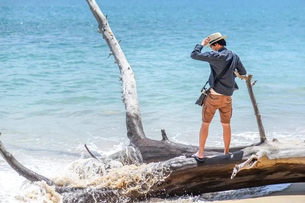 Tânăr în picioare pe copac mort la plajă — Fotografie, imagine de stoc