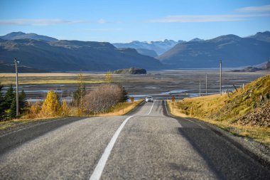İzlanda'daki uzun yol ve yaz peyzaj