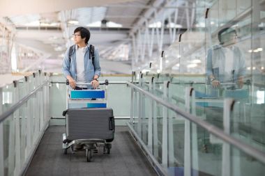 arabası Havaalanı terminal ile yürüyen genç Asyalı adam