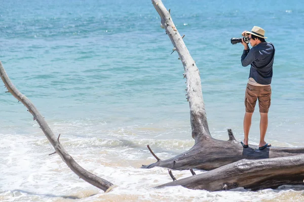 Tânăr asiatic face fotografii pe copac mort la plajă — Fotografie, imagine de stoc