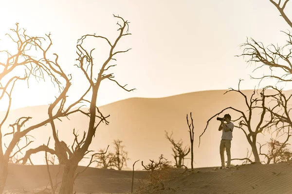 Un tânăr fotograf, înconjurat de un copac mort în timpul apusului de soare — Fotografie, imagine de stoc