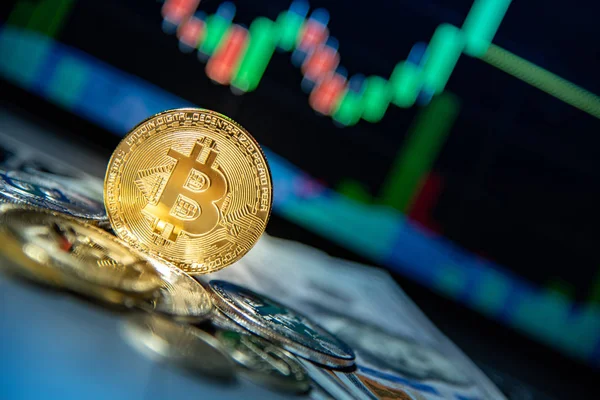 Estudio Tiro Monedas Plata Oro Bitcoin Billete Banco Dólar Teclado — Foto de Stock