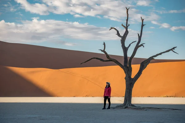 Азиатская Женщина Путешественница Стоящая Мертвым Деревом Песчаных Дюнах Пустынный Ландшафт — стоковое фото