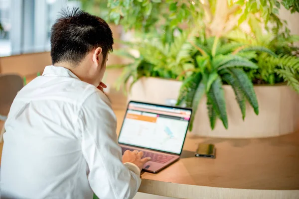 Ázsiai Üzletember Aki Laptoppal Dolgozik Green Home Office Ban Férfi — Stock Fotó