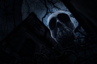 İnsan kafatası ile eski çitin üzerinden eski grunge kale, ölü ağaç, mo