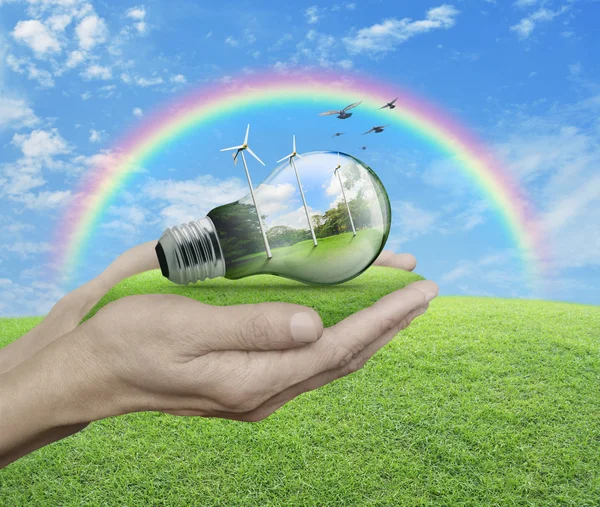 Light bulb with wind turbines, birds and forest inside in hands — Stock Photo, Image