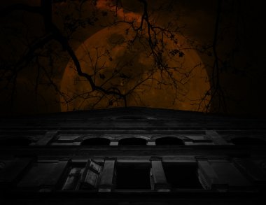 Ay ve bulutlu gökyüzü üzerinde ölü ağaçlar ile eski antik kale