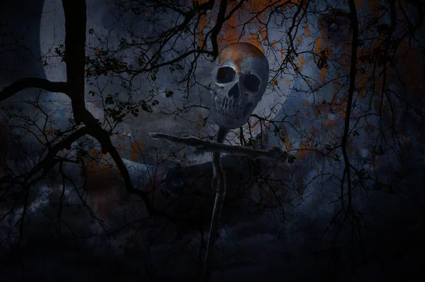 Crânio humano na cruz de madeira sobre árvore morta e lua — Fotografia de Stock