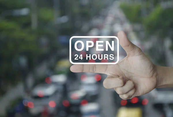 Open 24 hours icon on finger, e-business concept