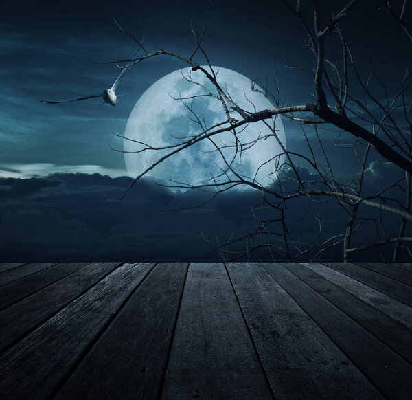 Old wooden table over bird, dead tree, moon and spooky cloudy sky, Horror background, Halloween concept