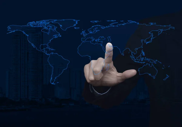 Businessman touching blank global world map on modern city, Elements of this image furnished by NASA — Stock Photo, Image