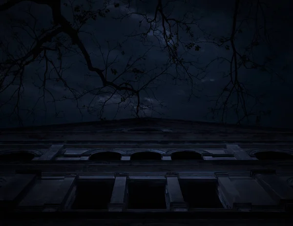 Hororové scény ze starého hradu grunge nad mrtvý strom, měsíc a zamračená obloha — Stock fotografie