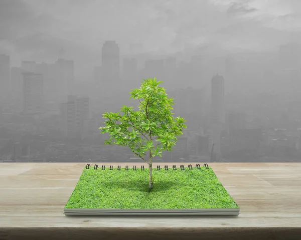 Baum wächst aus aufgeschlagenem Buch auf Holztisch über verschmutzter Stadt — Stockfoto
