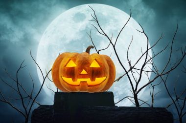 Jack O Lantern kabak ölü ağaçlar ve ay taşın üzerinde