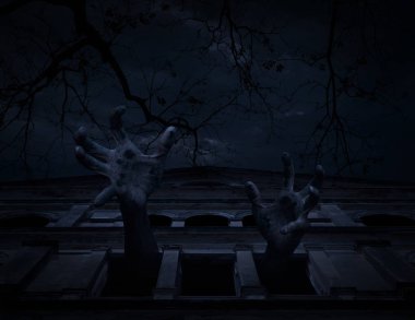 Zombi el dışarı eski pencere kaleden ölü ağaç üzerinde yükselen