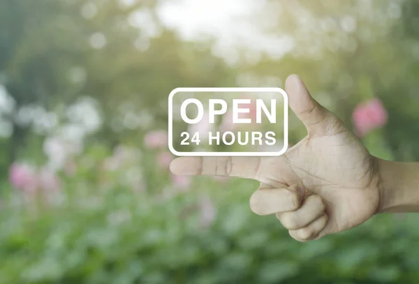 Open 24 hours icon on finger — Stock Photo, Image