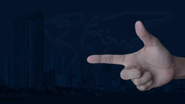 Kamera Flachbild Symbol Finger Über Modernem Stadtturm Wolkenkratzer Und Weltkarte — Stockvideo