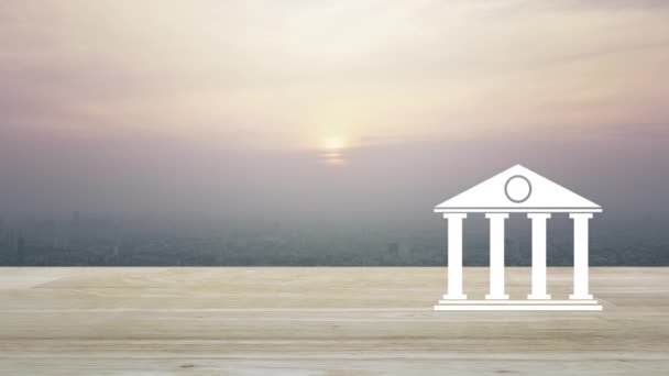 日落时空中俯瞰城市景观 老式风格 网上银行概念的木制桌子上的银行平面图标 — 图库视频影像