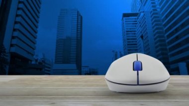 Modern ofis kulesi ve gökdelen üzerinde kablosuz bilgisayar faresi olan ücretsiz dağıtım kamyonu düz simgesi, iş ulaşımı online konsept