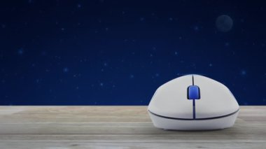 Kablosuz bilgisayar fare ile üzerinde ahşap masa fantezi gece gökyüzü ve ay, online iletişim iş kavramı üzerinde belge düz simgesi