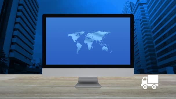 Ikona Dodávkového Vozíku Připojovací Linkou Světovou Mapou Obrazovce Moderního Počítačového — Stock video